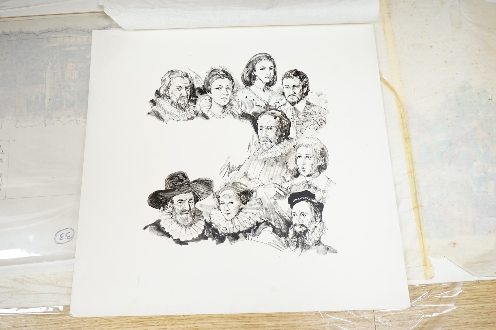 Gordon King, a collection of original illustrations for 'One day in Shakespeare's England' to include a copy of William Shakespeare's signature, The Globe Theatre and figures in 17th century dress, largest 45 x 95cm, unf